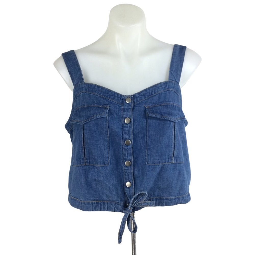 Free People Palm Desert Tie Waist Blue Denim Crop Tank Top Womens Size Large NWT